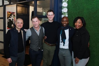 Winter Social Photo (from left to right: Henry Kwan, Daniel Cress, Ben Walter, Rod Lowe, and Tamika Hollis