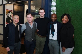 Winter Social Photo (from left to right: Henry Kwan, Daniel Cress, Ben Walter, Rod Lowe, and Tamika Hollis